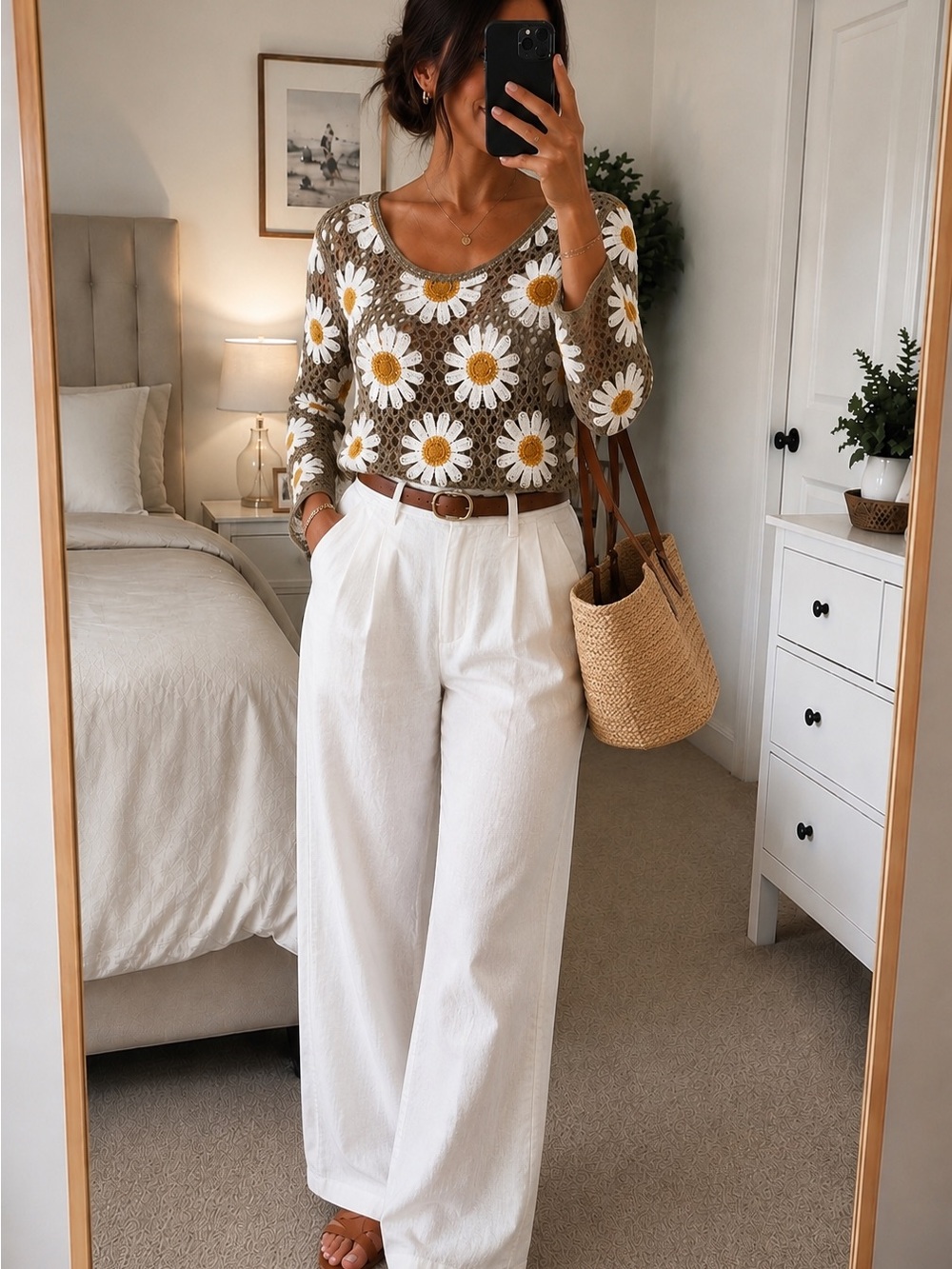 Rebellion Olive Daisy Knit Top with White Wide-Leg Pants